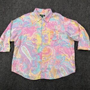 Lauren Ralph Lauren Paisley Button Down Shirt Cotton XL Pastel Pink Blue Yellow